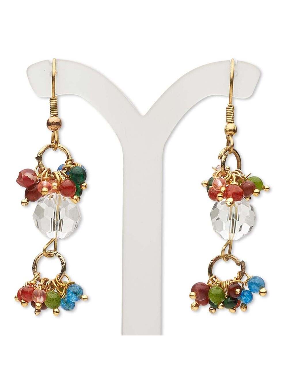 Handcrafted India Red Blue Green Clear Glass Bead Baubles Brass Dangle Earrings